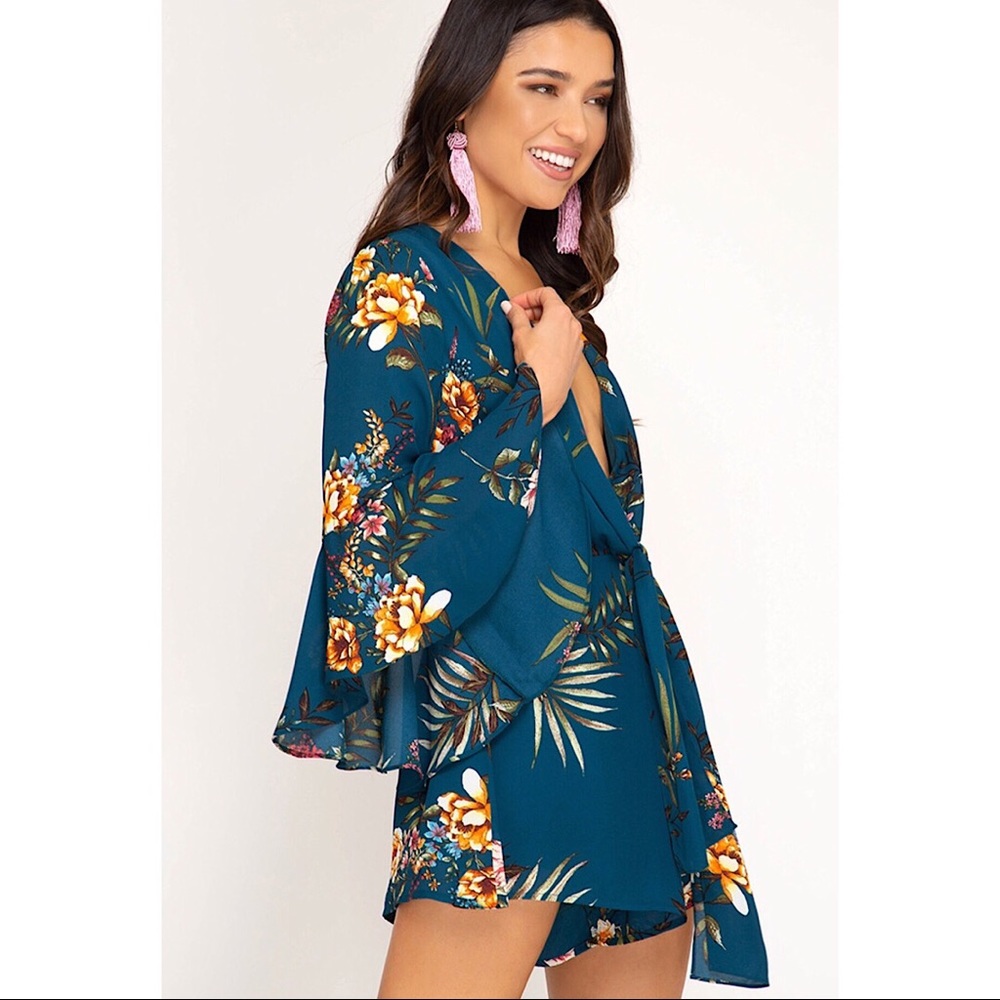 Floral Woven Romper in Teal - Picture 3 of 6